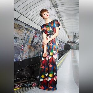 Alice + Olivia Multicolor Abstract Asymmetrical Silk and Leather Dress